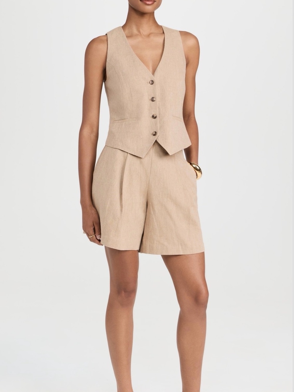 L’AGENCE Drina Vest Neutral Two-Piece Linen-Look Vest & Shorts Set